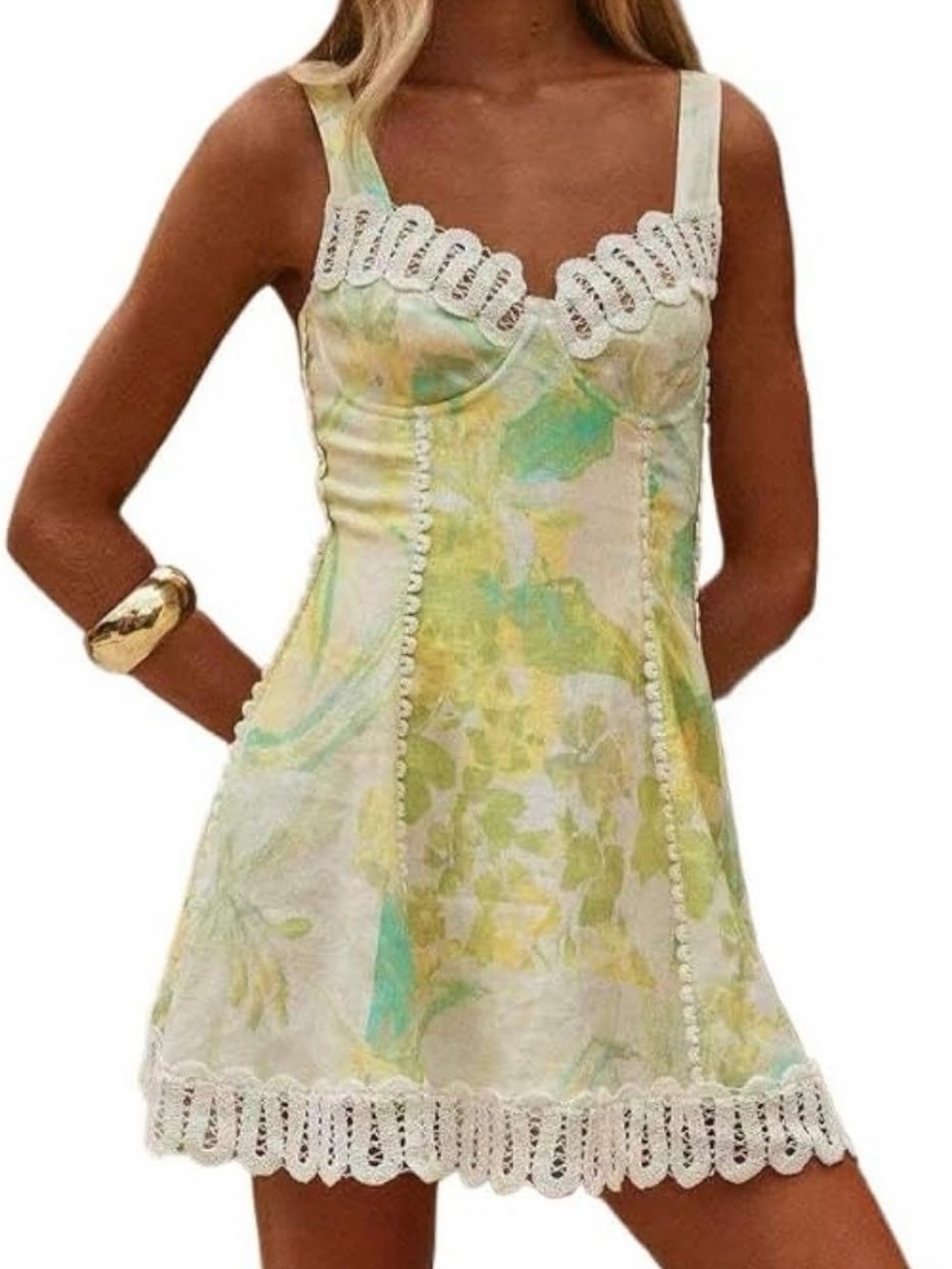 Pastel Yellow & Green Floral Lace-Trim Mini Dress